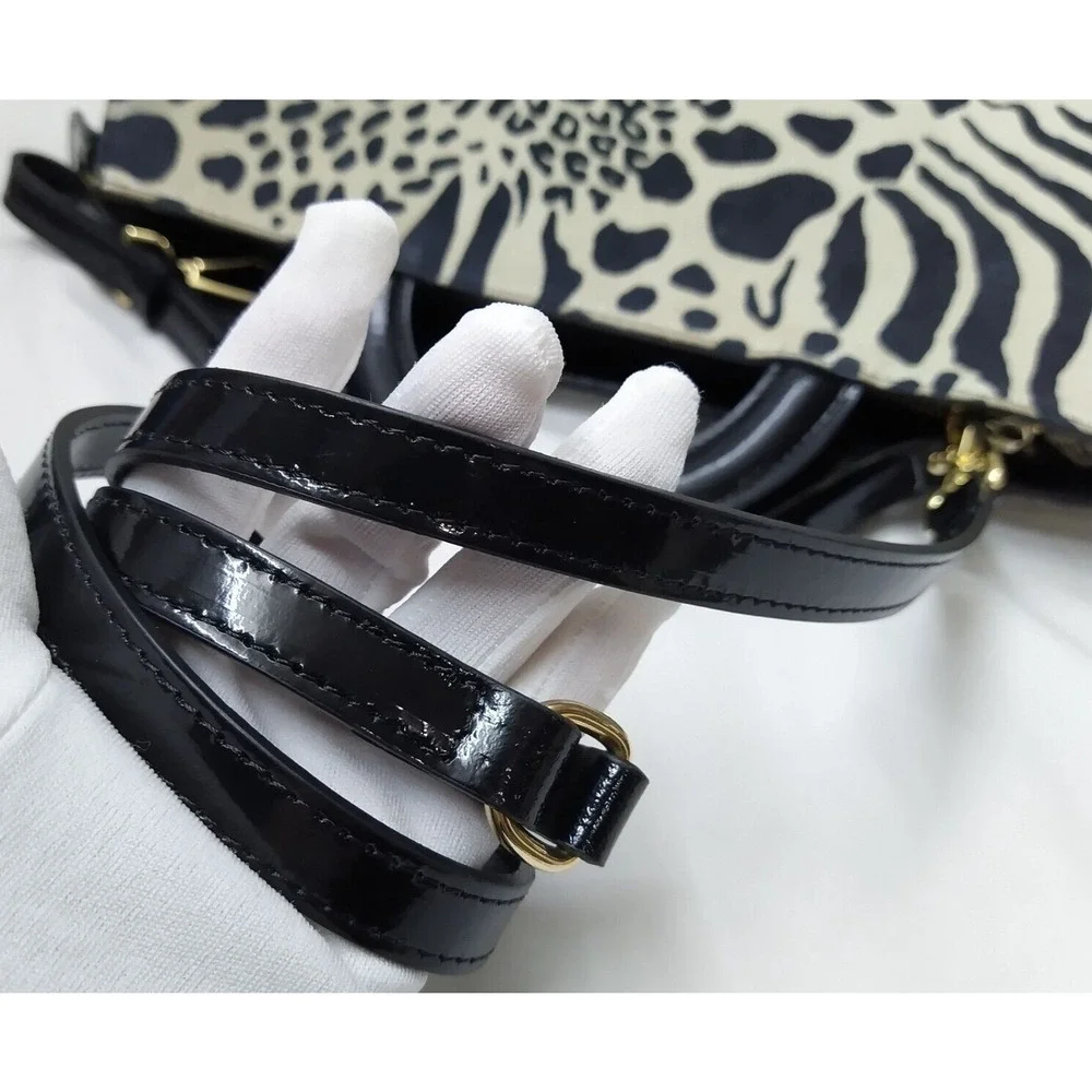 House of Harlow Black White Zebra Printed Leather Top Handle Zipper Satchel Bag